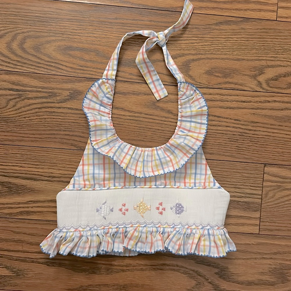 Shrimp and Grits Kids Smocked Fish Ruffle Halter Swimsuit Top 6